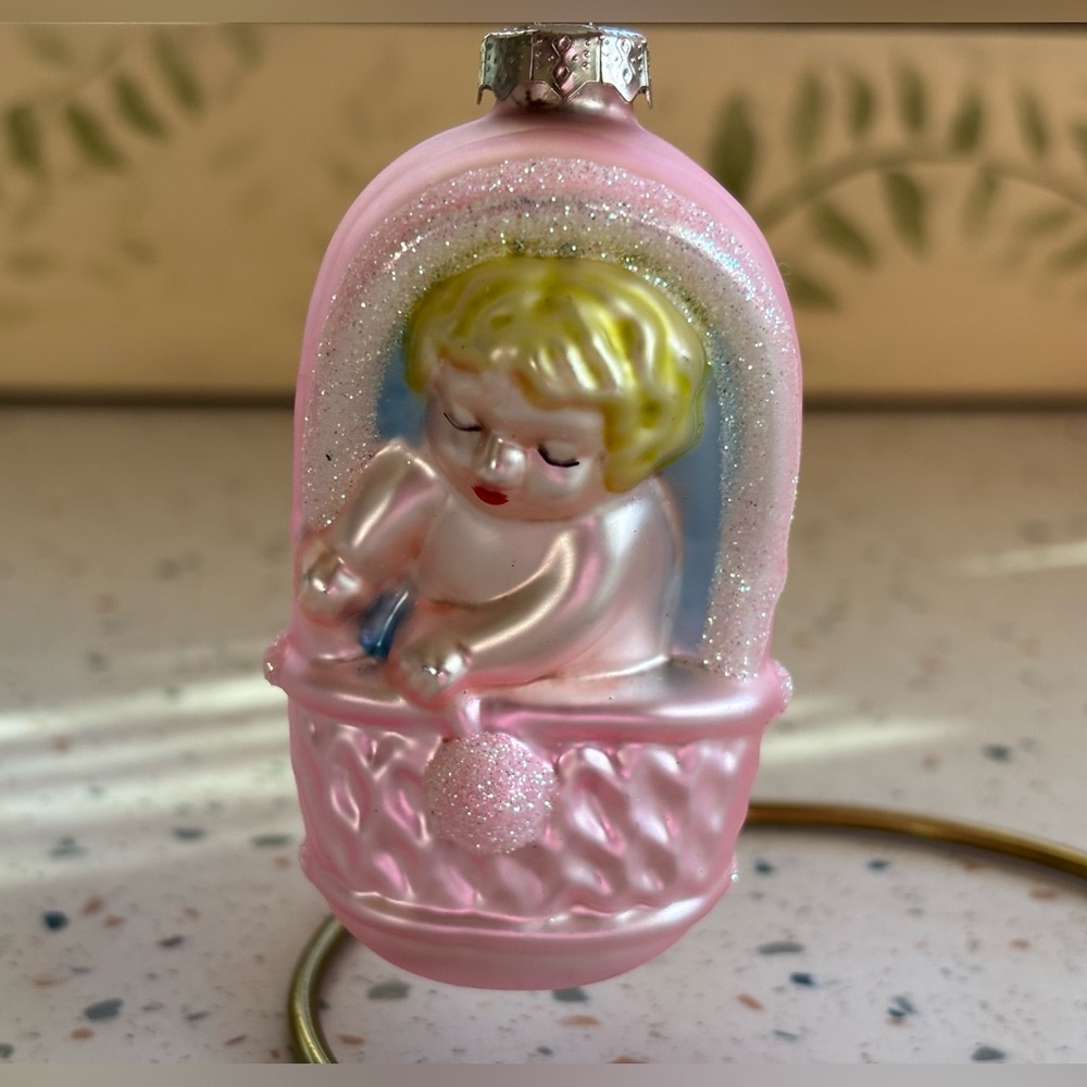 VTG Pink Baby Carriage Glass Ornament Glitter‎ Details, Nursery Baby Girl